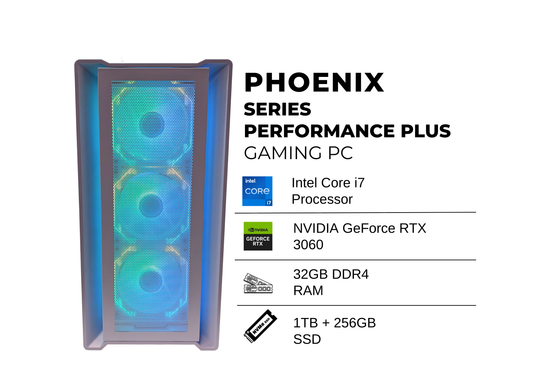 ~THE PHOENIX Performance Plus Tower~ Gaming PC Desktop VR Gaming Capable| Powered by Intel i7-8500 @3.0 GHz CPU and 3060 Graphics Card|32GB DDR4 RAM, 1TB SSD +256GB SSD, WiFi Ready + Windows 11 Pro